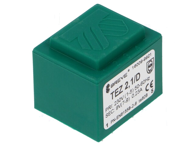 Transformator: ingegoten; 2,1VA; 230VAC; 9V; 233mA; PCB; IP00; TEZ Transformator: ingegoten; 2,1VA; 230VAC; 9V; 233mA; PCB; IP00; TEZ